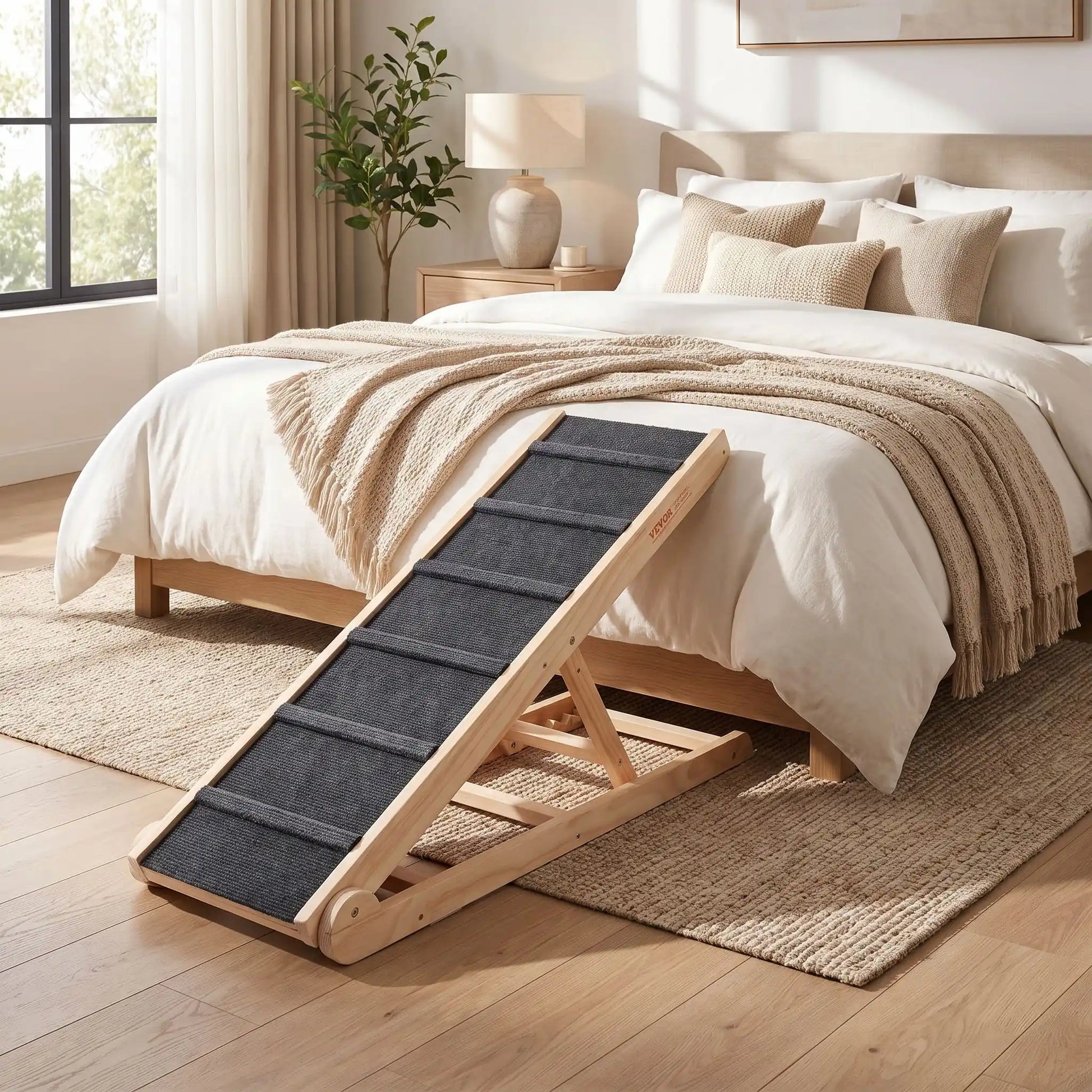 Rampe-pour-chien-chiots escalier pliable, en bois massif robuste de pin et surface adaptable en moquette douce et petites marches tranversales antidérapante pour un accès sécurisé et facile canapé, lit ou en transport en déplacement, en voiture pour la montée et la descente du chien en toute autonomie et sécurité, 6 hauteurs réglables pour toutes races-gros plan sur la rampe en bois avec 6 hauteurs réglables, structure en bois en équerre sable contre le lit de ses maitres dans la chambre