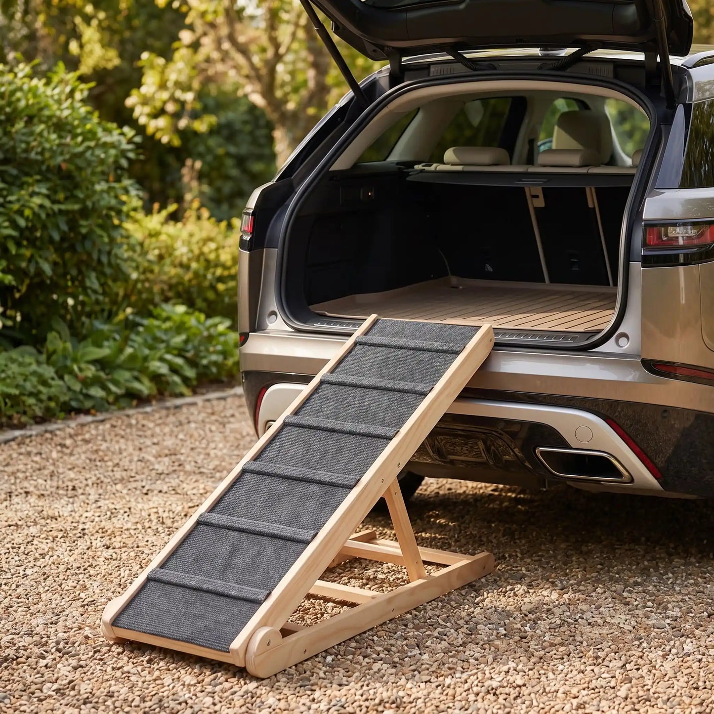 Rampe-pour-chien-chiots escalier pliable, en bois massif robuste de pin et surface adaptable en moquette douce et petites marches tranversales antidérapante pour un accès sécurisé et facile canapé, lit ou en transport en déplacement, en voiture pour la montée et la descente du chien en toute autonomie et sécurité, 6 hauteurs réglables pour toutes races-gros plan sur la rampe en bois avec 6 hauteurs réglables de 35 à 65 cm de haut , structure en bois en équerre sable contre le coffre de la voiture 