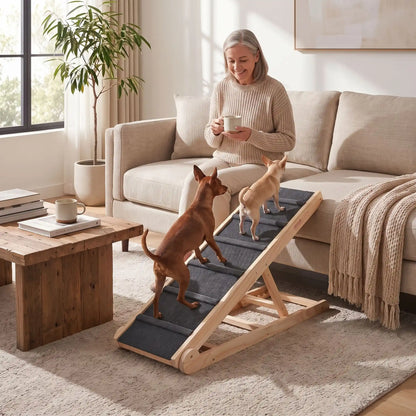 Rampe-pour-chien-chiots escalier pliable, en bois massif robuste de pin et surface adaptable en moquette douce et petites marches tranversales antidérapante pour un accès sécurisé et facile canapé, lit ou en transport en déplacement, en voiture pour la montée et la descente du chien en toute autonomie et sécurité, 6 hauteurs réglables pour toutes races-deux chien de petite race aux pattes courtes qui monte sur la rampe en bois avec 6 hauteurs réglables pour rejoindre leur maitresse sur le canapé du salon 
