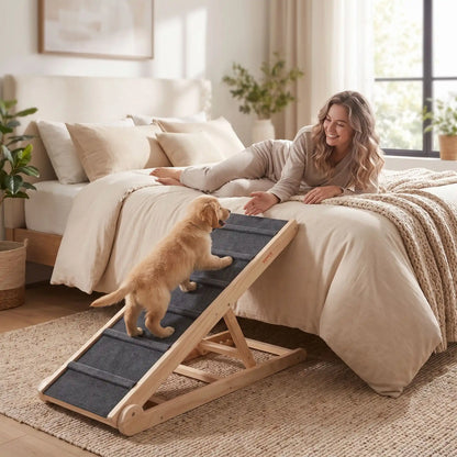 Rampe-pour-chien-chiots escalier pliable, en bois massif robuste de pin et surface adaptable en moquette douce et petites marches tranversales antidérapante pour un accès sécurisé et facile canapé, lit ou en transport en déplacement, en voiture pour la montée et la descente du chien en toute autonomie et sécurité, 6 hauteurs réglables pour toutes races- un chiot qui monte sur la rampe en bois avec 6 hauteurs réglables, structure en bois en équerre pour rejoindre sa maitresse allongée pour un cododo sécurisé