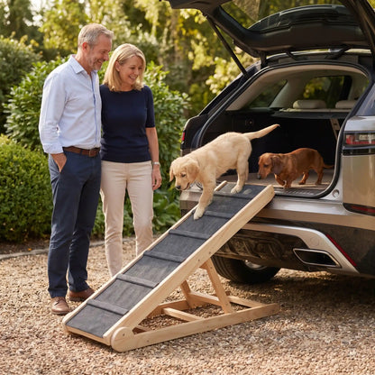 Rampe-pour-chien-chiots escalier pliable, en bois massif robuste de pin et surface adaptable en moquette douce et petites marches tranversales antidérapante pour un accès sécurisé et facile canapé, lit ou en transport en déplacement, en voiture pour la montée et la descente du chien en toute autonomie et sécurité, 6 hauteurs réglables pour toutes races- un chiot et un petit chien long à pattes courtes qui descendent du coffre de la voiture grâce à la rampe en bois pour rejoindre leur maitres