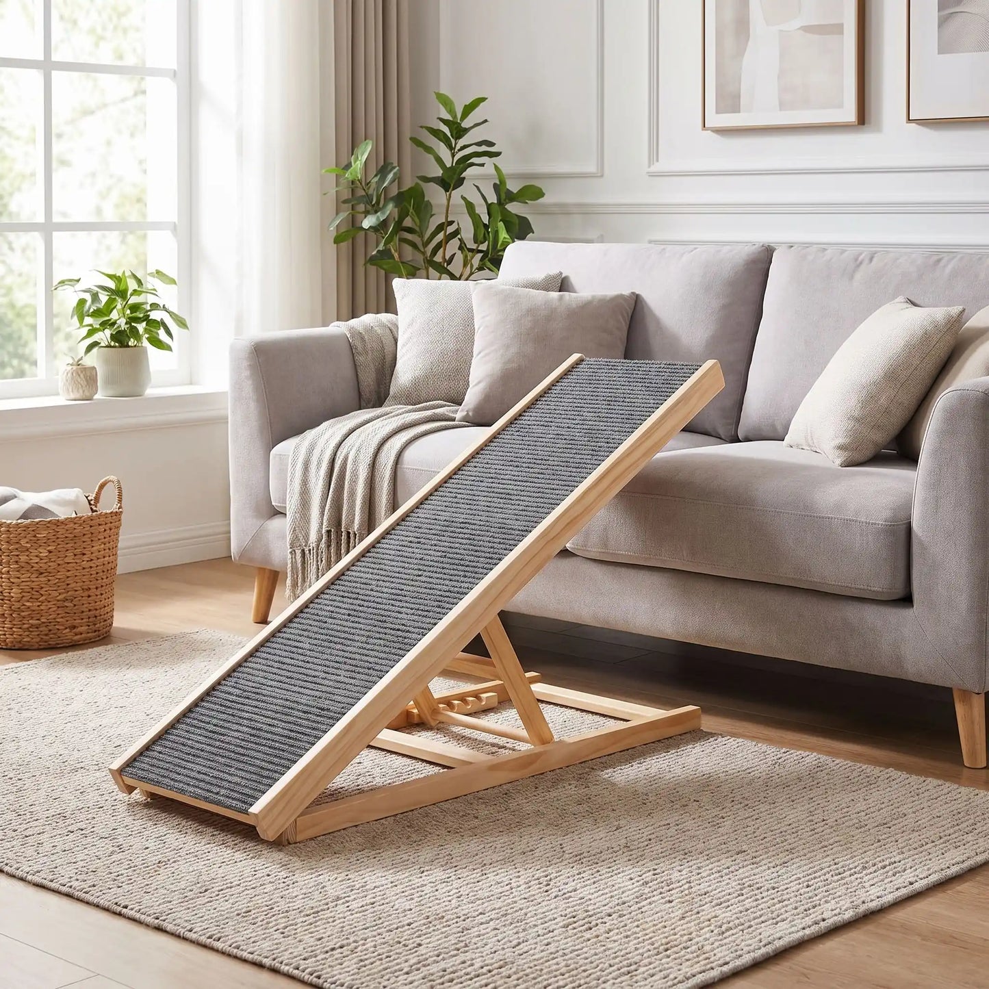 Rampes-pour-chien-chiot pliable, en bois massif robuste de pin et surface adaptable en moquette douce et antidérapante pour un accès sécurisé et facile au meubles, canapé, lit de la maison ou en transport en déplacement, en voiture pour la montée et la descente du chien en toute autonomie et sécurité, disponible en deux modèles : 70/100cm 2/4 hauteurs réglables -gros plan sur la rampe inclinée de taille xl de 100 cm avec 4 hauteur réglable pour un accès facile au chiot et chien au canapé familial