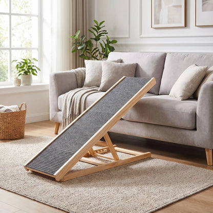 Rampes-pour-chien-chiot pliable, en bois massif robuste de pin et surface adaptable en moquette douce et antidérapante pour un accès sécurisé et facile au meubles, canapé, lit de la maison ou en transport en déplacement, en voiture pour la montée et la descente du chien en toute autonomie et sécurité, disponible en deux modèles : 70/100cm 2/4 hauteurs réglables -gros plan sur la rampe inclinée de taille xl de 100 cm avec 4 hauteur réglable pour un accès facile au chiot et chien au canapé familial