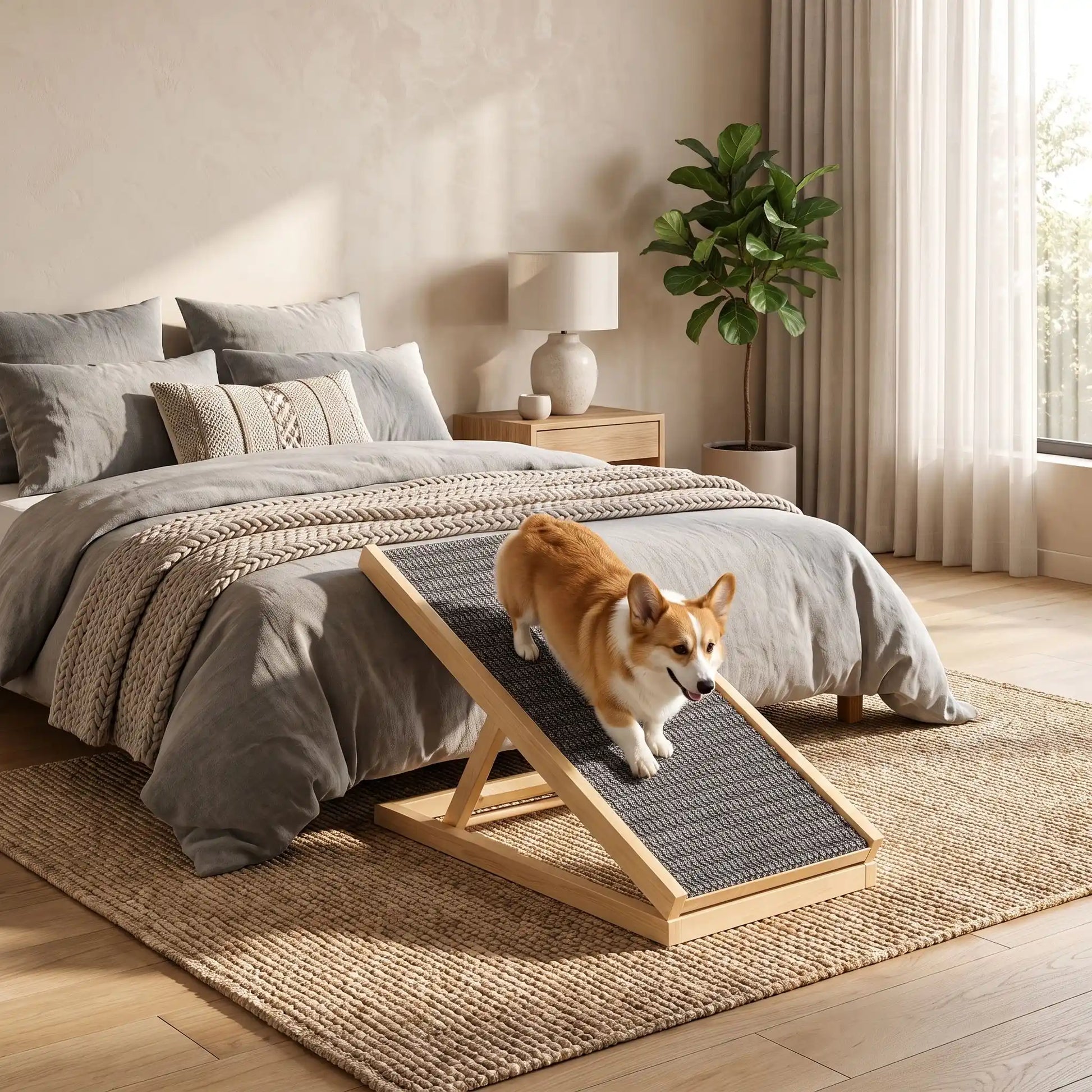 Rampes-pour-chien-chiot pliable, en bois massif robuste de pin et surface adaptable en moquette douce et antidérapante pour un accès sécurisé et facile au meubles, canapé, lit de la maison ou en transport en déplacement, en voiture pour la montée et la descente du chien en toute autonomie et sécurité-un chien moyen qui descend confortablement sur la rampe inclinée pour rejoindre son maitre sur le lit, idéal pour les races aux articulations fragiles, âgés, atteint de dysplasie, en croissance ou convalescence