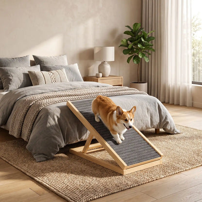 Rampes-pour-chien-chiot pliable, en bois massif robuste de pin et surface adaptable en moquette douce et antidérapante pour un accès sécurisé et facile au meubles, canapé, lit de la maison ou en transport en déplacement, en voiture pour la montée et la descente du chien en toute autonomie et sécurité-un chien moyen qui descend confortablement sur la rampe inclinée pour rejoindre son maitre sur le lit, idéal pour les races aux articulations fragiles, âgés, atteint de dysplasie, en croissance ou convalescence