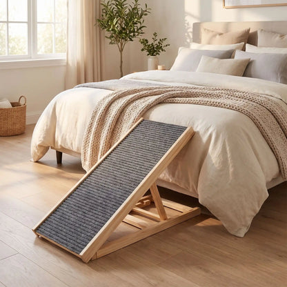 Rampes-pour-chien-chiot pliable, en bois massif robuste de pin et surface adaptable en moquette douce et antidérapante pour un accès sécurisé et facile au meubles, canapé, lit de la maison ou en transport en déplacement, en voiture pour la montée et la descente du chien en toute autonomie et sécurité, disponible en deux modèles : 70/100cm 2/4 hauteurs réglables -gros plan sur la rampe inclinée de 70 cm avec 2 hauteur réglables pour un accès facile pour le chiot et le chien au lit de ses maitres 