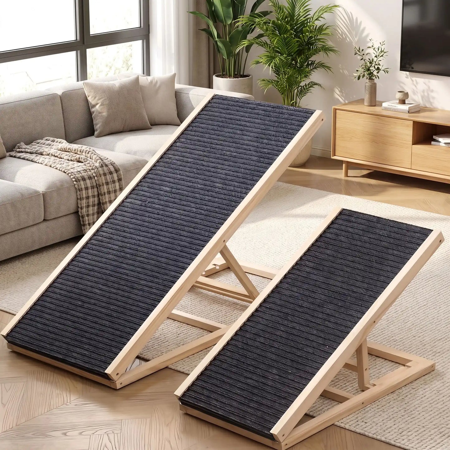 Rampes-pour-chien-chiot pliable, en bois massif robuste de pin et surface adaptable en moquette douce et antidérapante pour un accès sécurisé et facile au meubles, canapé, lit de la maison ou en transport en déplacement, en voiture pour la montée et la descente du chien en toute autonomie et sécurité, disponible en deux modèles : 70/100cm 2/4 hauteurs réglables -gros plan sur les deux modèle de rampe inclinée pour chien de taille L et XL de 70 et 100 cm avec 2 ou 4 hauteurs réglable pour un accès facile 