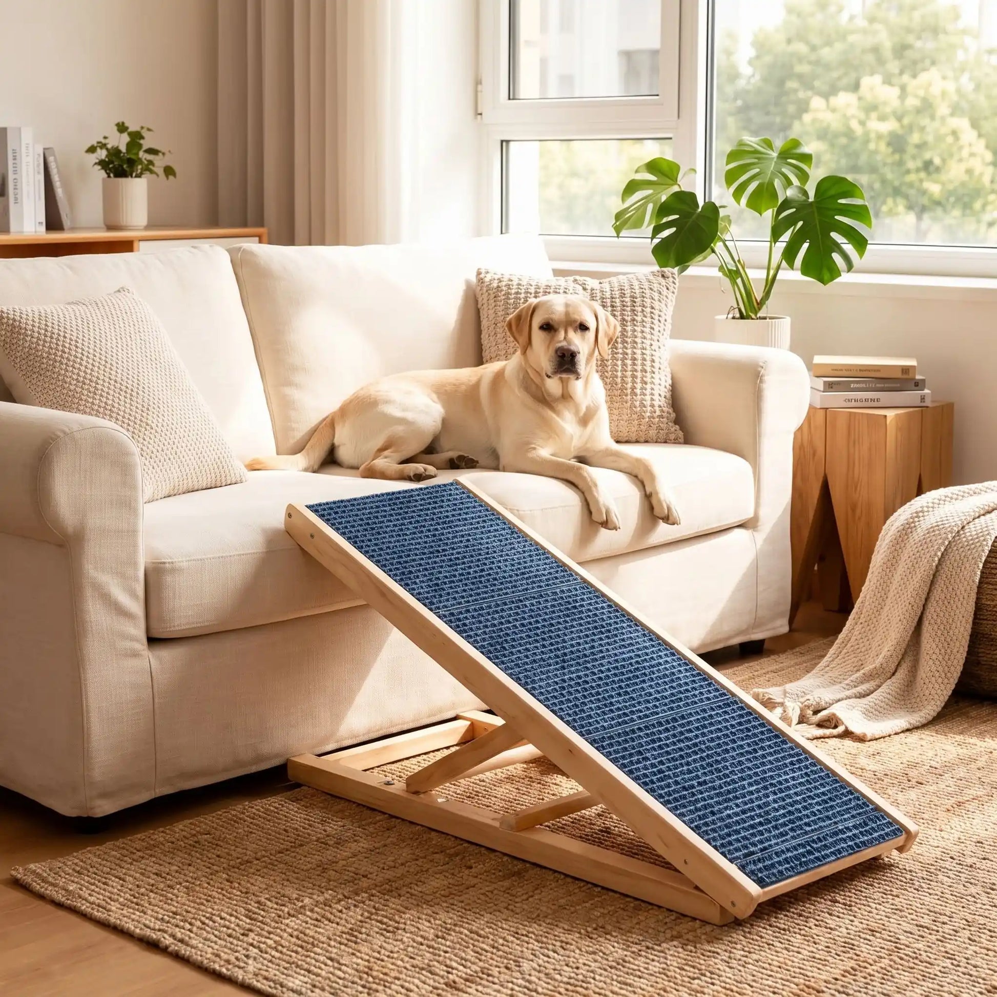 Rampes-pour-chien-chiot pliable, en bois massif robuste de pin et surface adaptable en moquette douce et antidérapante pour un accès sécurisé et facile au meubles, canapé, lit de la maison ou en transport en déplacement, en voiture pour la montée et la descente du chien en toute autonomie et sécurité, disponible en deux modèles : 70/100cm 2/4 hauteurs réglables -un chien de taille moyenne confortablement couché sur le canapé du salon grâce à la rampe en bois pliable et réglable sur 4 hauteurs
