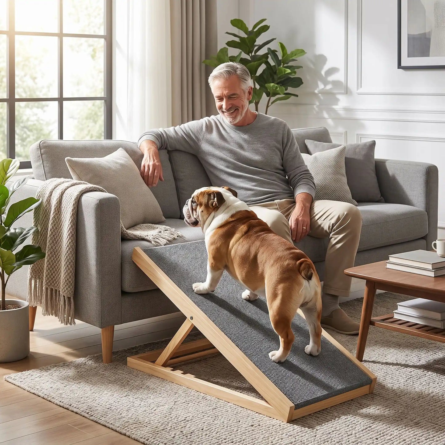 Rampes-pour-chien-chiot pliable, en bois massif robuste de pin et surface adaptable en moquette douce et antidérapante pour un accès sécurisé et facile au meubles, canapé, lit de la maison ou en transport en déplacement, en voiture pour la montée et la descente du chien en toute autonomie et sécurité, disponible en deux modèles : 70/100cm 2/4 hauteurs réglables -un chien moyen à pattes courtes qui monte confortablement sur la rampe inclinée pour rejoindre son maitre sur le canapé du salon de la maison