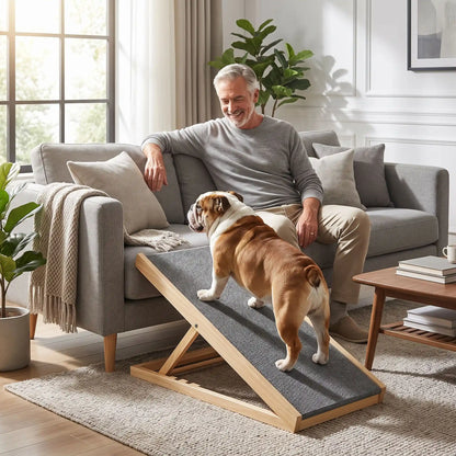 Rampes-pour-chien-chiot pliable, en bois massif robuste de pin et surface adaptable en moquette douce et antidérapante pour un accès sécurisé et facile au meubles, canapé, lit de la maison ou en transport en déplacement, en voiture pour la montée et la descente du chien en toute autonomie et sécurité, disponible en deux modèles : 70/100cm 2/4 hauteurs réglables -un chien moyen à pattes courtes qui monte confortablement sur la rampe inclinée pour rejoindre son maitre sur le canapé du salon de la maison