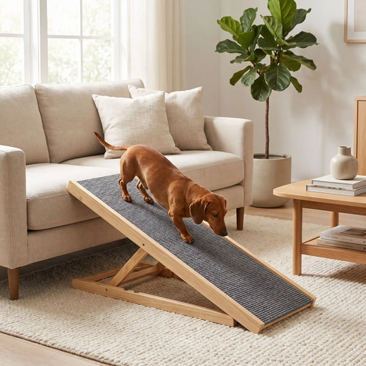 Rampes-pour-chien-chiot pliable, en bois massif robuste de pin et surface adaptable en moquette douce et antidérapante pour un accès sécurisé et facile au meubles, canapé, lit de la maison ou en transport en déplacement, en voiture pour la montée et la descente du chien en toute autonomie et sécurité, disponible en deux modèles : 70/100cm 2/4 hauteurs réglables -un chien moyenne à pattes courtes qui descend du canapé confortablement grâce à la rampe inclinée pour rejoindre le sol du salon  de l'appartement