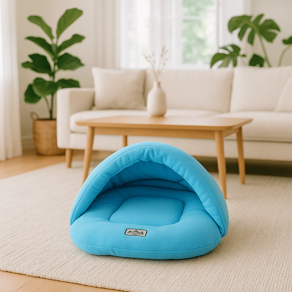 Sac-de-couchage-pour-chien-rembourrage 100 % coton haute densité, ergonomique, chaud et enveloppant, en forme de niche souple avec toit, polaire chaud, léger et transportable pour un effet apaisant et anti-stress pour chiot et chien de petite taille de 0 à 10 kg-de couleur bleu
