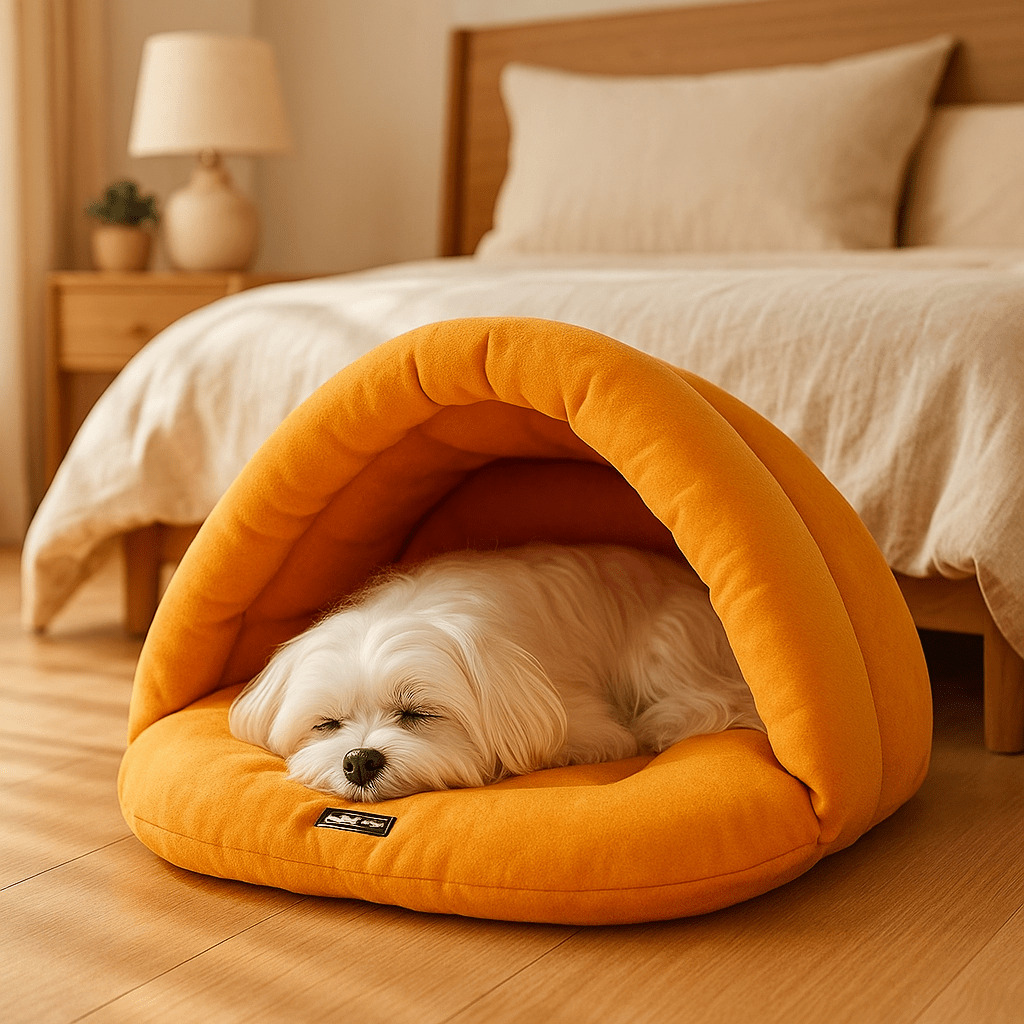 Sac-de-couchage-pour-chien-rembourrage 100 % coton haute densité, ergonomique, chaud et enveloppant, en forme de niche souple avec toit, polaire chaud, léger et transportable pour un effet apaisant et anti-stress pour chiot et chien de petite taille de 0 à 10 kg-un chien de petite race qui dort paisiblement niché au chaud dans son sac de couchage orange dans la chambre, isolé du froid du sol en parquet de l'appartement