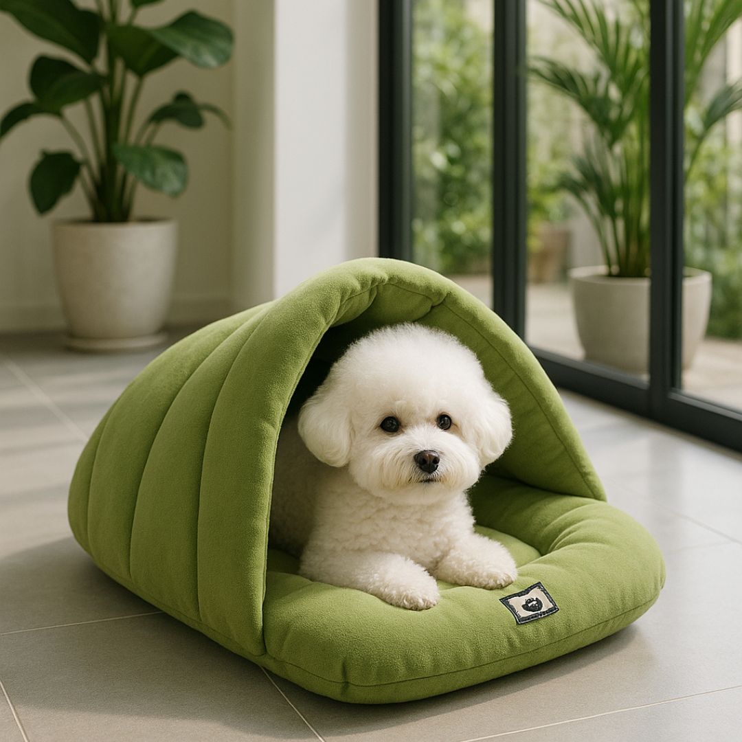 Sac-de-couchage-pour-chien-rembourrage 100 % coton haute densité, ergonomique, chaud et enveloppant, en forme de niche souple avec toit, polaire chaud, léger et transportable pour un effet apaisant et anti-stress pour chiot et chien de petite taille de 0 à 10 kg-un petit chien couché confortablement au chaud dans son sac de couchage vert dans la véranda du salon, isolé du froid du sol carrelé de la maison