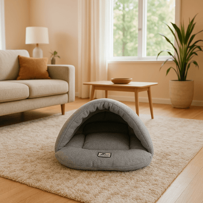 Sac-de-couchage-pour-chien-rembourrage 100 % coton haute densité, ergonomique, chaud et enveloppant, en forme de niche souple avec toit, polaire chaud, léger et transportable pour un effet apaisant et anti-stress pour chiot et chien de petite taille de 0 à 10 kg-de couleur gris
