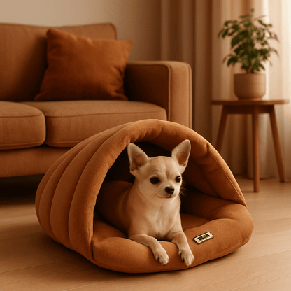 Sac-de-couchage-pour-chien-rembourrage 100 % coton haute densité, ergonomique, chaud et enveloppant, en forme de niche souple avec toit, polaire chaud, léger et transportable pour un effet apaisant et anti-stress pour chiot et chien de petite taille de 0 à 10 kg-un chien nain couché confortablement au chaud dans son sac de couchage orange dans le salon, isolé du froid du sol de la maison