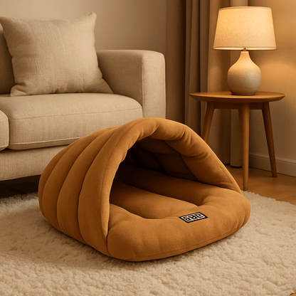 Sac-de-couchage-pour-chien-rembourrage 100 % coton haute densité, ergonomique, chaud et enveloppant, en forme de niche souple avec toit, polaire chaud, léger et transportable pour un effet apaisant et anti-stress pour chiot et chien de petite taille de 0 à 10 kg-de couleur marron
