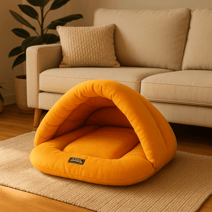 Sac-de-couchage-pour-chien-rembourrage 100 % coton haute densité, ergonomique, chaud et enveloppant, en forme de niche souple avec toit, polaire chaud, léger et transportable pour un effet apaisant et anti-stress pour chiot et chien de petite taille de 0 à 10 kg-de couleur orange