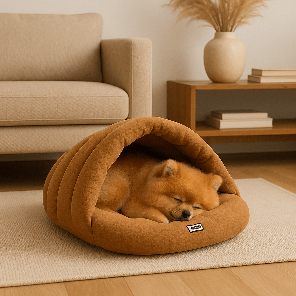 Sac-de-couchage-pour-chien-rembourrage 100 % coton haute densité, ergonomique, chaud et enveloppant, en forme de niche souple avec toit, polaire chaud, léger et transportable pour un effet apaisant et anti-stress pour chiot et chien de petite taille de 0 à 10 kg-un petit chien à poils épais qui dort paisiblement niché au chaud dans son sac de couchage vert dans le salon, isolé du froid du sol de l'appartement