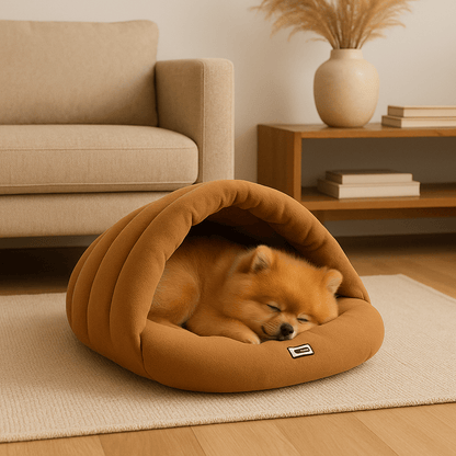 Sac-de-couchage-pour-chien-rembourrage 100 % coton haute densité, ergonomique, chaud et enveloppant, en forme de niche souple avec toit, polaire chaud, léger et transportable pour un effet apaisant et anti-stress pour chiot et chien de petite taille de 0 à 10 kg-un petit chien à poils épais qui dort paisiblement niché au chaud dans son sac de couchage vert dans le salon, isolé du froid du sol de l'appartement