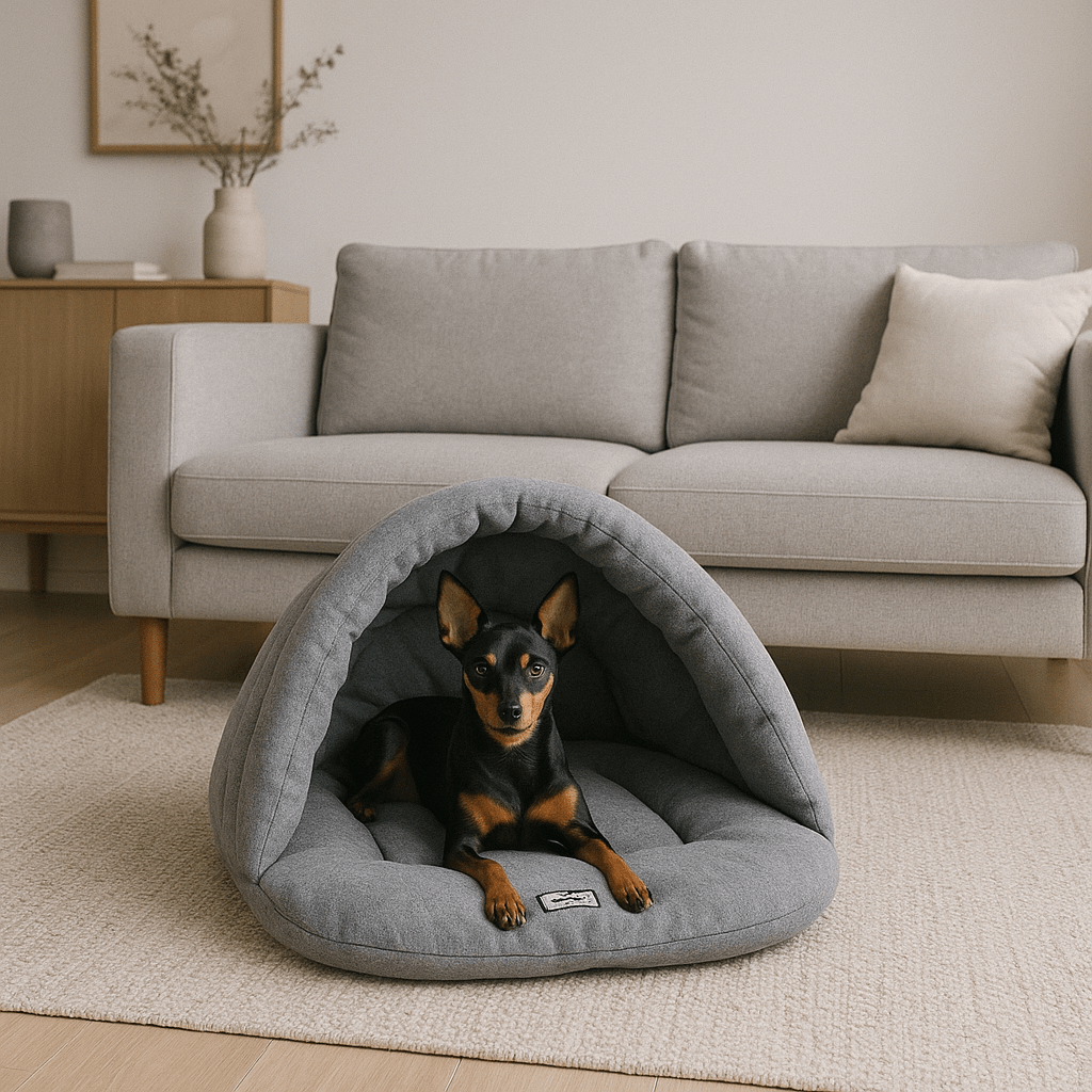 Sac-de-couchage-pour-chien-rembourrage 100 % coton haute densité, ergonomique, chaud et enveloppant, en forme de niche souple avec toit, polaire chaud, léger et transportable pour un effet apaisant et anti-stress pour chiot et chien de petite taille de 0 à 10 kg-un chien de race Toy couché confortablement au chaud dans son sac de couchage vert dans la véranda du salon, isolé du froid du sol de la maison