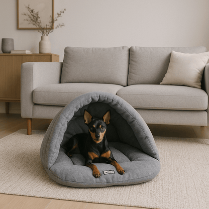 Sac-de-couchage-pour-chien-rembourrage 100 % coton haute densité, ergonomique, chaud et enveloppant, en forme de niche souple avec toit, polaire chaud, léger et transportable pour un effet apaisant et anti-stress pour chiot et chien de petite taille de 0 à 10 kg-un chien de race Toy couché confortablement au chaud dans son sac de couchage vert dans la véranda du salon, isolé du froid du sol de la maison