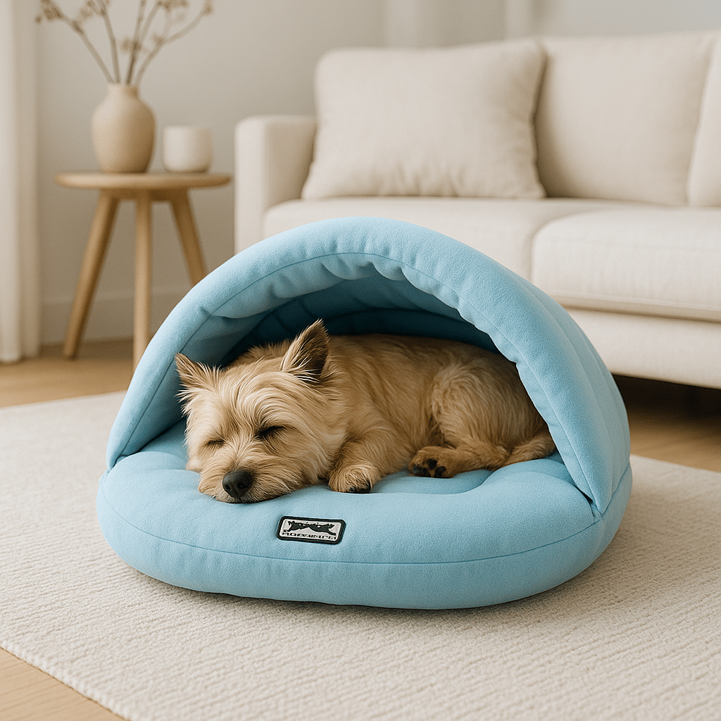 Sac-de-couchage-pour-chien-rembourrage 100 % coton haute densité, ergonomique, chaud et enveloppant, en forme de niche souple avec toit, polaire chaud, léger et transportable pour un effet apaisant et anti-stress pour chiot et chien de petite taille de 0 à 10 kg-un chien de petite taille qui dort paisiblement au chaud dans son sac de couchage bleu dans le salon, isolé du froid du sol de la maison