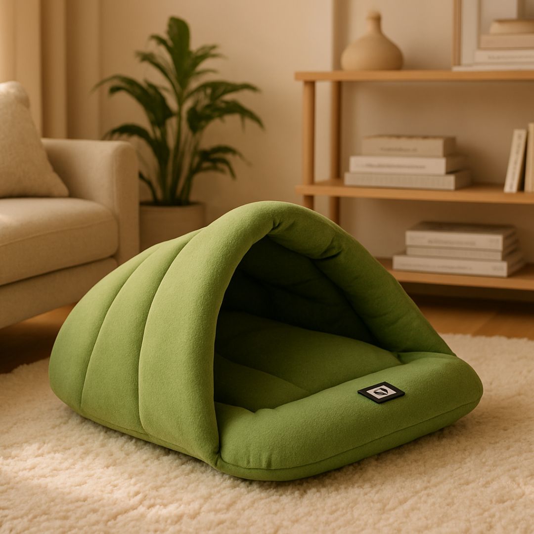 Sac-de-couchage-pour-chien-rembourrage 100 % coton haute densité, ergonomique, chaud et enveloppant, en forme de niche souple avec toit, polaire chaud, léger et transportable pour un effet apaisant et anti-stress pour chiot et chien de petite taille de 0 à 10 kg-de couleur vert
