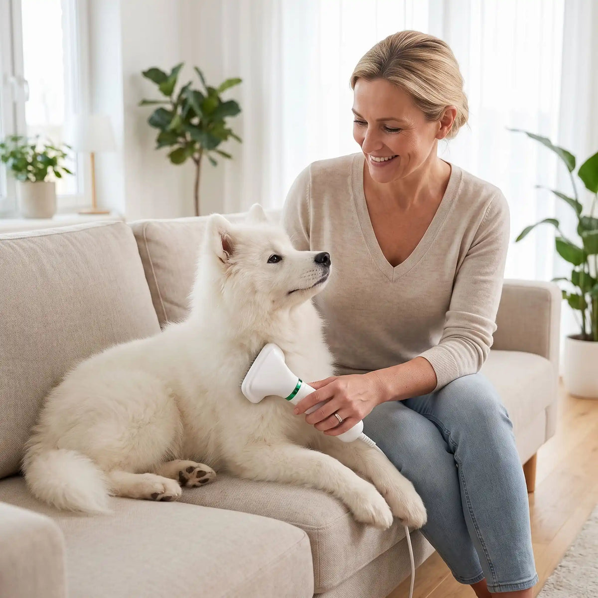 Séchoir-pour-chien et chiot 2 en 1 avec sa brosse intégrée, 3 vitesses de chauffe, avec filtre anti poussière et moteur durable, silencieux , léger, portable et maniable, brosse amovible inclinéé à 135° pour un brossage sans danger qui masse et favorise la circulation sanguine, élimine efficacement les poils morts et sèche et coiffe en même temps-un chiot de race moyenne à poils épais couché sur le canapé qui se fait brosser et sécher confortablement par sa maitresse avec le séchoir en vitesse de chauffe 3 