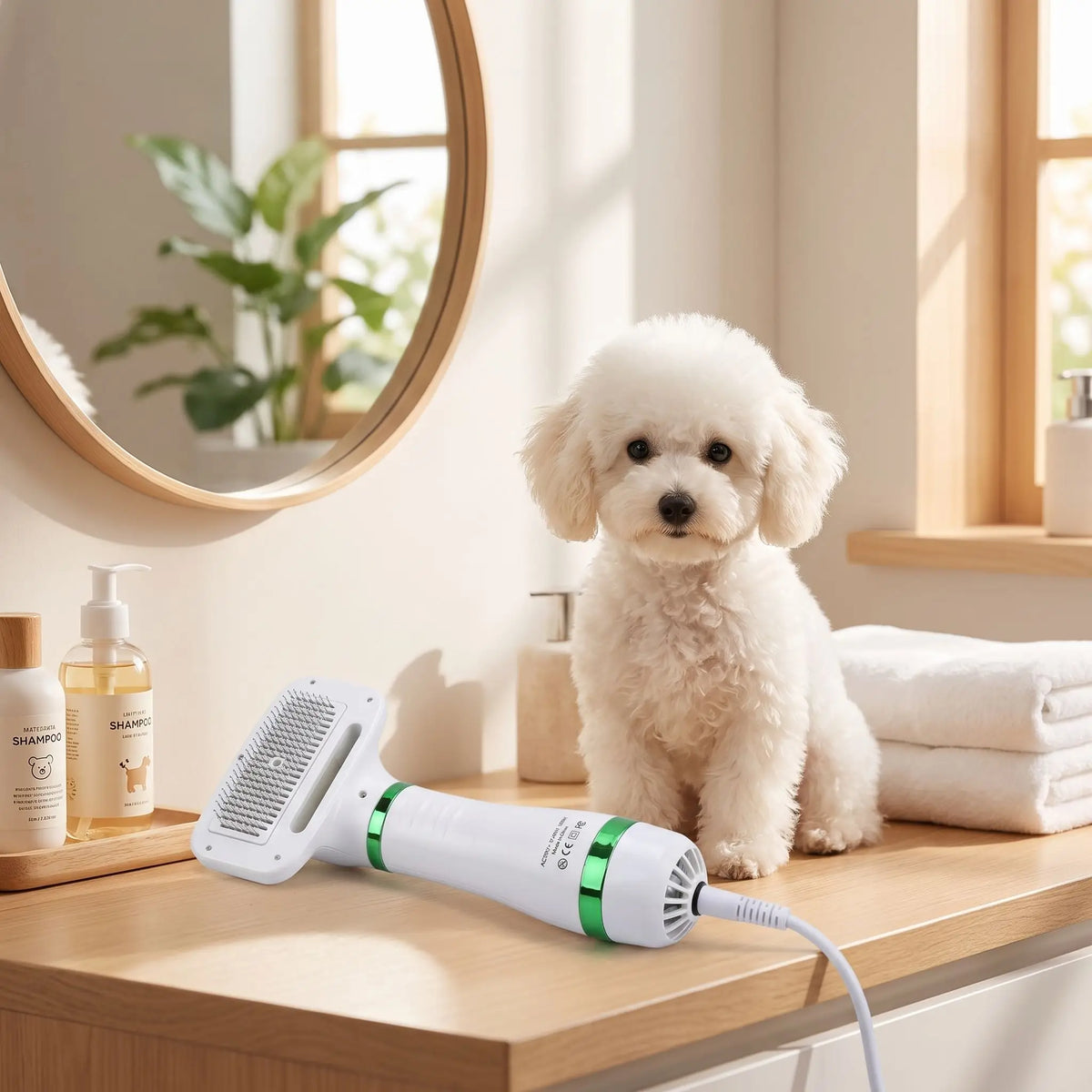 Séchoir-pour-chien et chiot 2 en 1 avec sa brosse intégrée, 3 vitesses de chauffe, avec filtre anti poussière et moteur durable, silencieux , léger, portable et maniable, brosse amovible inclinéé à 135° pour un brossage sans danger qui masse et favorise la circulation sanguine, élimine efficacement les poils morts et sèche et coiffe en même temps-gros plan sur le séchoir et brosse 2 en 1 pour chiot et chien posé à côté d'un chiot frisé dans la salle de bain de l'appartement