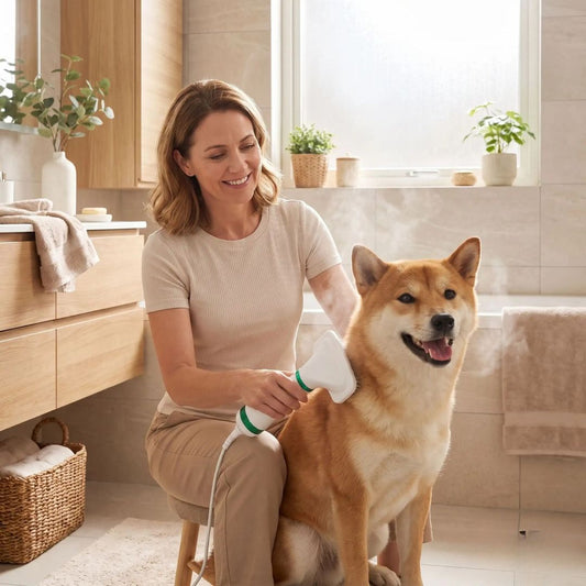 Séchoir-pour-chien et chiot 2 en 1 avec sa brosse intégrée, 3 vitesses de chauffe, avec filtre anti poussière et moteur durable, silencieux , léger, portable et maniable, brosse amovible inclinéé à 135° pour un brossage sans danger qui masse et favorise la circulation sanguine, élimine efficacement les poils morts et sèche et coiffe en même temps-un chien de taille moyenne qui se fait brosser et sécher confortablement par sa maitresse avec le séchoir branché dans la salle bain de l'appartement