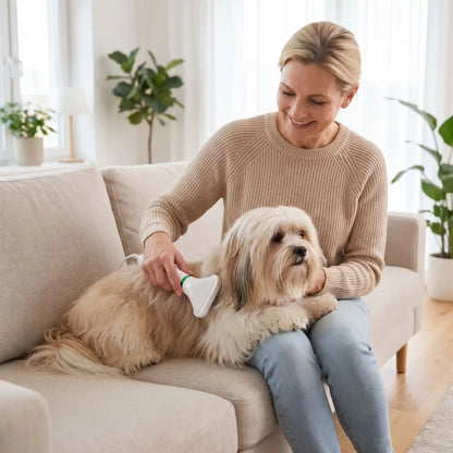 Séchoir-pour-chien et chiot 2 en 1 avec sa brosse intégrée, 3 vitesses de chauffe, avec filtre anti poussière et moteur durable, silencieux, léger, portable et maniable, brosse amovible inclinéé à 135° pour un brossage sans danger qui masse et favorise la circulation sanguine,élimine efficacement les poils morts et sèche et coiffe en même temps-un chien petite race à poils longs et épais couché sur le canapé qui se fait brosser et sécher confortablement par sa maitresse avec le séchoir qui démèle les noeuds
