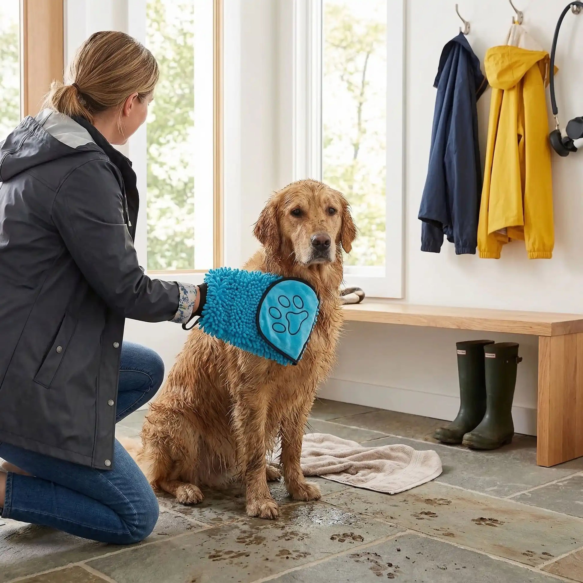 Serviette-pour-chien-microfibre-avec-chenille-douce solide et ultra-douce, lavable en machine à laver pour un séchage en profondeur, idéal après les balades, voyages, bain, toilettage avec deux poches protégés pour les mains de l'humain pour facilité le séchage sans se salir les mains-une maitresse qui essuie son chien tout mouillé et plein de boue avec la serviette ultra absorbante de couleur bleu avant de rentrer à la maison pour pas salir
