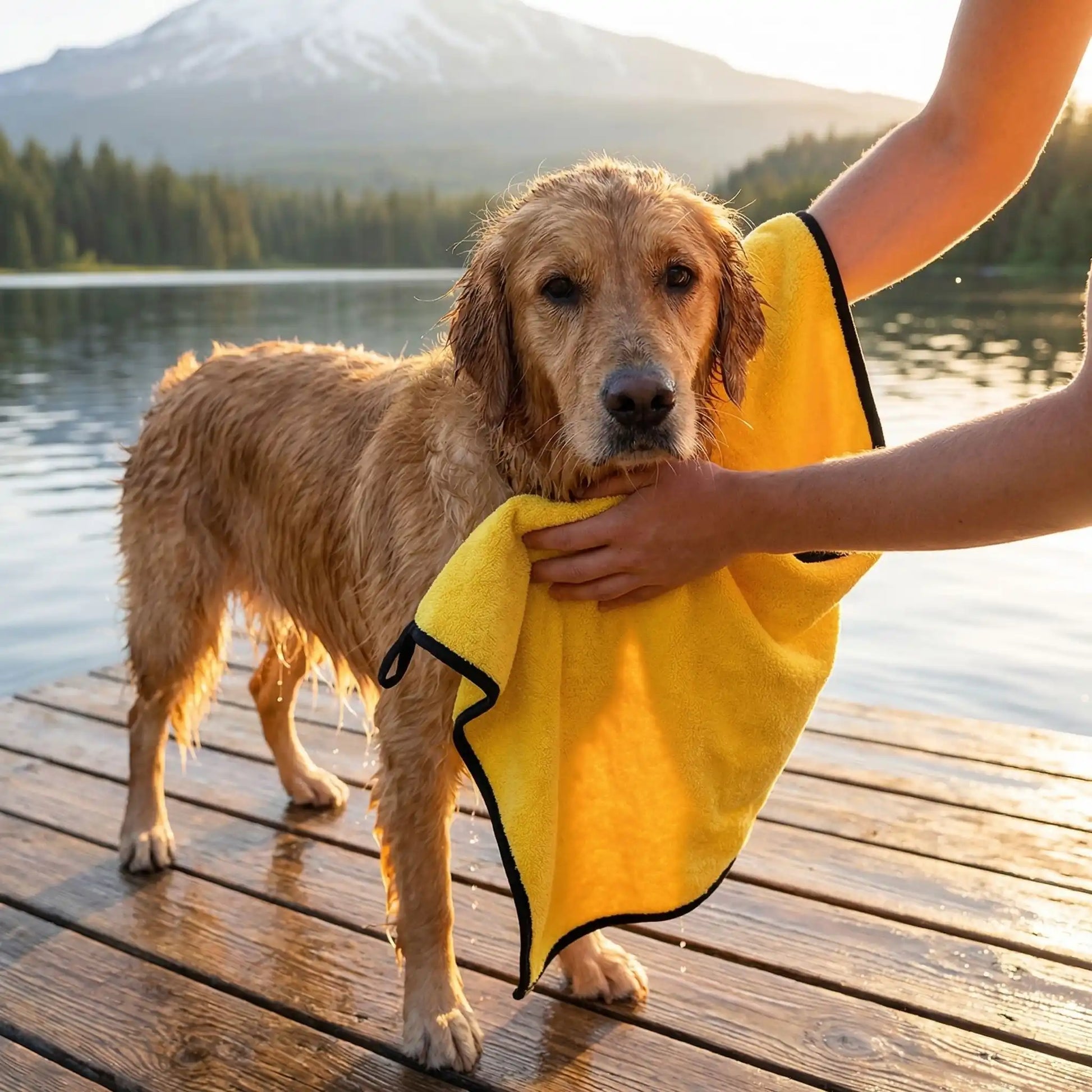 Serviette-pour-chien-chiot-lot-de-2 en microfibre, ultra-absorbante, ultra-douce pour une utilisation polyvalente, bain, toilettage, sortie, disponible en 2 tailles pour chien de petite à grande taille-un Golden retriever qui se fait sécher par sa maitresse ave la serviette absorbante après sa baignade au lac