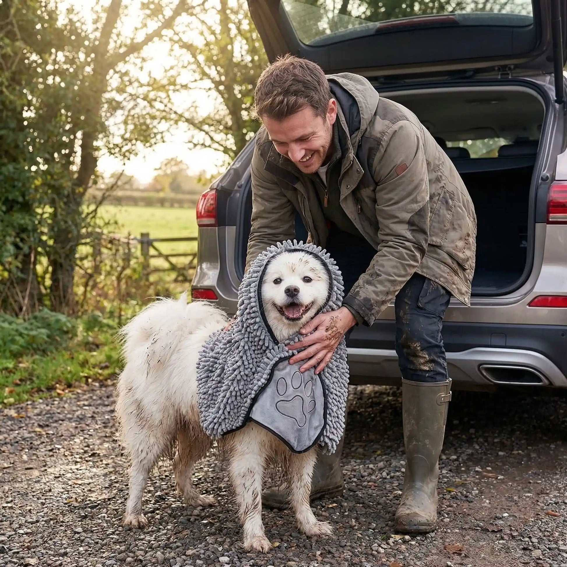 Serviette-pour-chien-microfibre-avec-chenille-douce solide et ultra-douce, lavable en machine à laver pour un séchage en profondeur, idéal après les balades, voyages, bain, toilettage avec deux poches protégés pour les mains de l'humain pour facilité le séchage sans se salir les mains-un maitre qui essuie son chien tout mouillé et plein de boue avec la serviette ultra absorbante de couleur grise avant de monter dans la voiture pour pas la salir après la balade