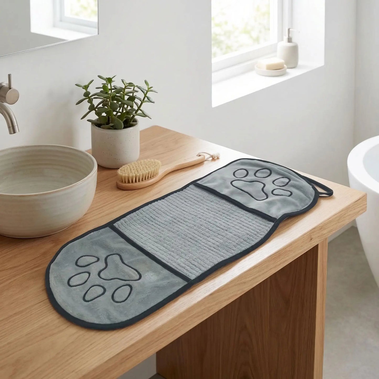 Serviette-pour-chien-microfibre-avec-chenille-douce solide et ultra-douce, lavable en machine à laver pour un séchage en profondeur, idéal après les balades, voyages, bain, toilettage avec deux poches protégés pour les mains de l'humain pour facilité le séchage sans se salir les mains-gros plan sur la serviette avec motif de pattes de chien de couleur grise douce et durable