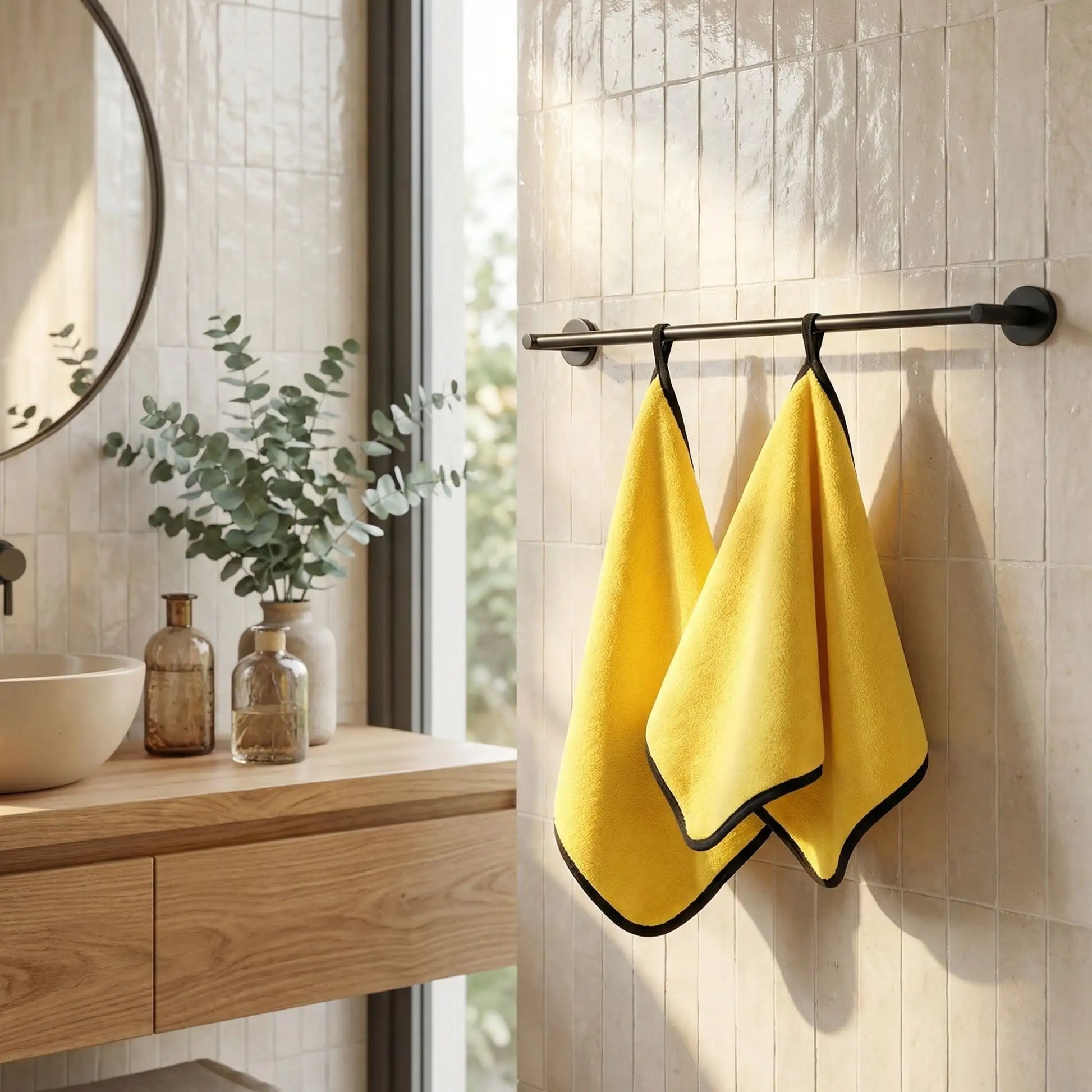 Serviette-pour-chien-chiot-lot-de-2 en microfibre, ultra-absorbante, ultra-douce pour une utilisation polyvalente, bain, toilettage, sortie, disponible en 2 taille pour chien de petite à grande taille-gros plan sur le lot de 2 serviettes pour chien accrochées dans la salle de bain