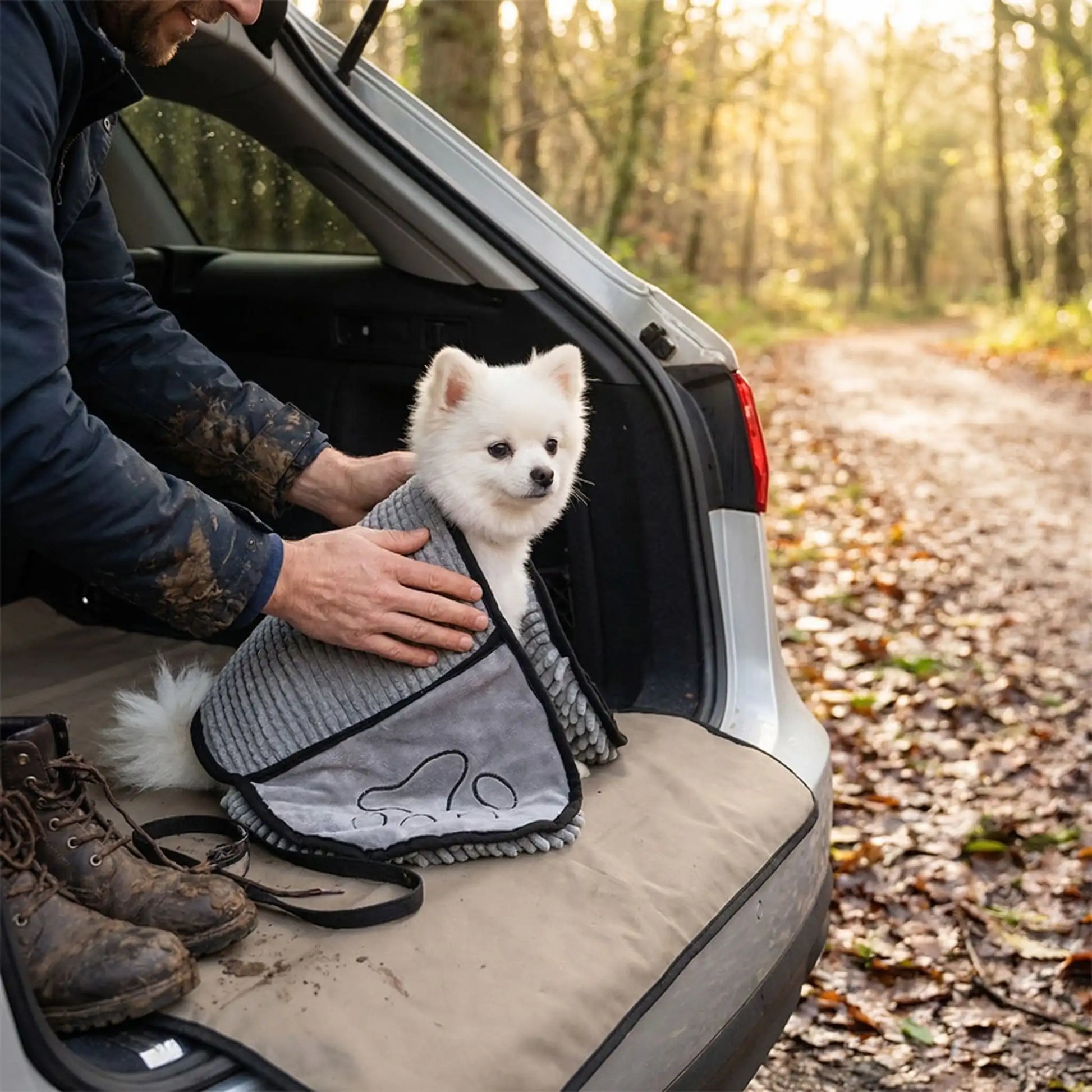 Serviette-pour-chien-microfibre-avec-chenille-douce solide et ultra-douce, lavable en machine à laver pour un séchage en profondeur, idéal après les balades, voyages, bain, toilettage avec deux poches protégés pour les mains de l'humain pour facilité le séchage sans se salir les mains-une maitre qui essuie son chien tout mouillé après sa balade en forêt avec la serviette ultra absorbante de couleur grise avant de monter dans la voiture