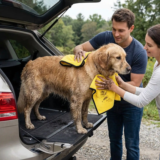Serviette-pour-chien-chiot-lot-de-2 en microfibre, ultra-absorbante, ultra-douce pour une utilisation polyvalente, bain, toilettage, sortie, disponible en 2 taille pour chien de petite à grande taille-un Golden retriever qui se fait sécher par ses maitres avec la serviette absorbante après sa balade pour sécher efficacement son poil mouillé et rempli de boue avant de monter dans la voiture