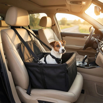 Siege-auto-chien-chiot, 100% imperméable et résistant aux griffes démontable et montage en quelques seconde avec attache ceinture de sécurité intégrée, sangles d'attaches solides et  faciles pour l'appuie tête pour chien de petite taille jusqu'à 8 kilos max-un Jack russell confortablement assis dans son siège auto noir sur le siège passager à l'avant du véhicule