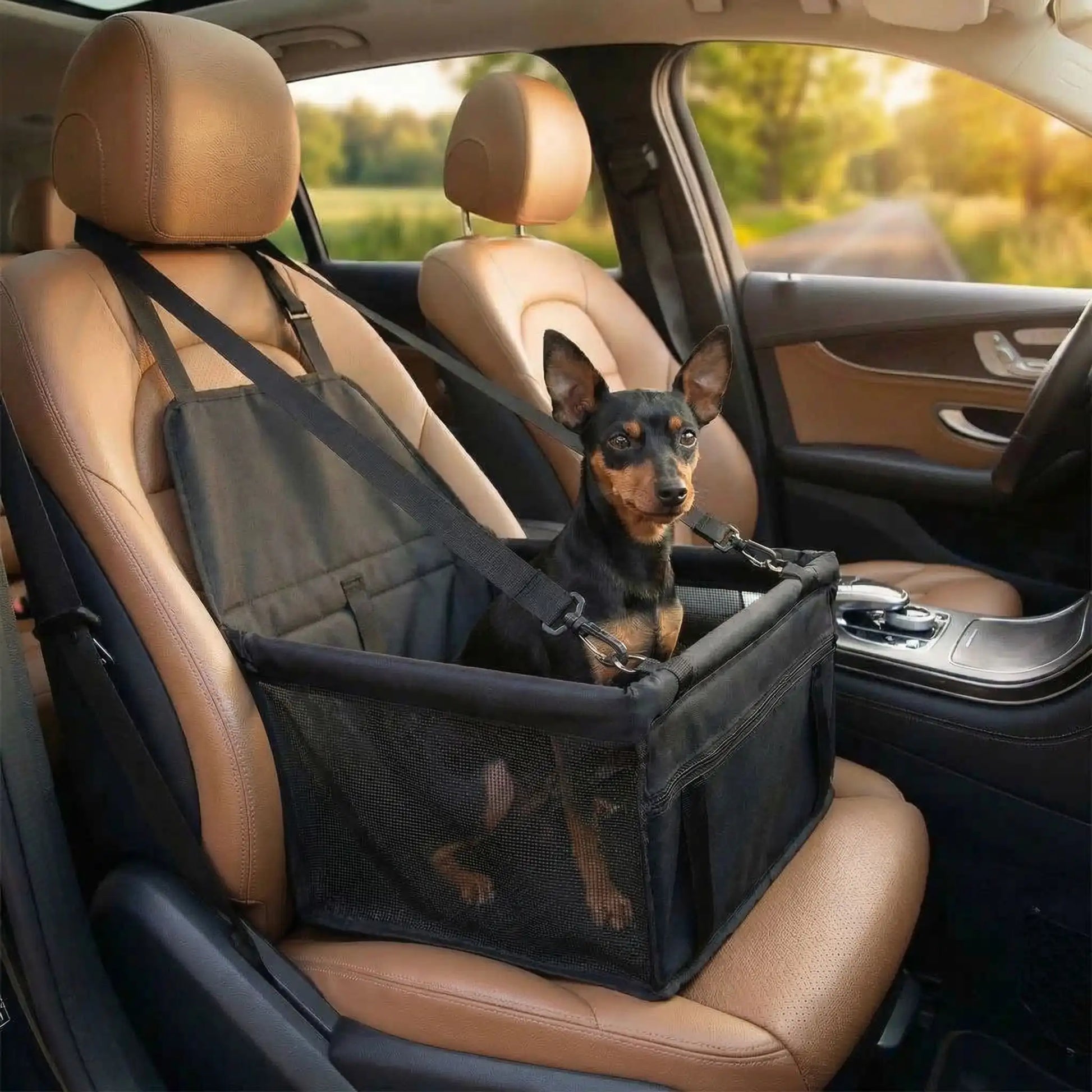 Siege-auto-chien-chiot, 100% imperméable et résistant aux griffes démontable et montage en quelques seconde avec attache ceinture de sécurité intégrée, sangles d'attaches solides et  faciles pour l'appuie tête pour chien de petite taille jusqu'à 8 kilos max-un Pinscher nain confortablement assis dans son siège auto noir sur le siège passager à l'avant du véhicule