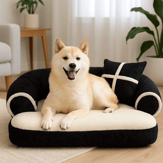 Sofa-chien-moyen-un Hokkaïdo Ken couché confortablement sur son canapé lit doux au rembourrage 100% coton haute densité antidérapant style anglais graphique avec coussin et rebord surélevé noir et blanc dans le salon de la maison 
