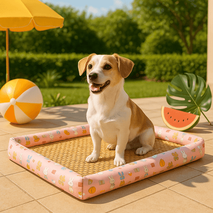 Tapis-Chien-rafraichissant-bambou naturel-rembourrage 100% coton-antidérapant-lavable-respirant-avec rebords surélevés-multiusage-polyvalent-imperméable-résistant-aux-griffes-de couleur rose avec motif pour chien de petite à moyenne taille-un chien de petite taille assis confortablement au frais sur son tapis rafraichissant dans le jardin de la maison en été