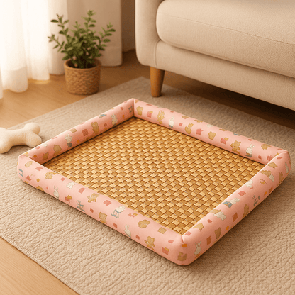 Tapis-Chien-rafraichissant-bambou naturel-rembourrage 100% coton-antidérapant-lavable-respirant-avec rebords surélevés-multiusage-polyvalent-imperméable-résistant-aux-griffes-de couleur rose avec motif pour chien de petite à moyenne taille