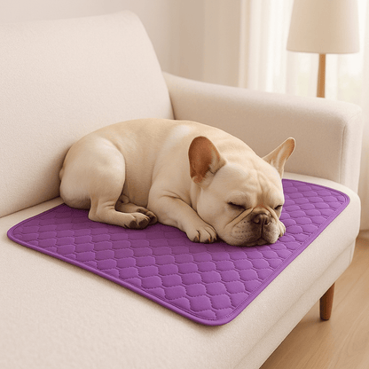 Tapis-absorbant-chien-alèse-chiot-100% imperméable-coton absorbant plus de 10 fois son poids-ultra-résistant-un chien moyen qui dort paisiblement sur son tapis absorbant posé sur le canapé blanc au sec du salon de la maison