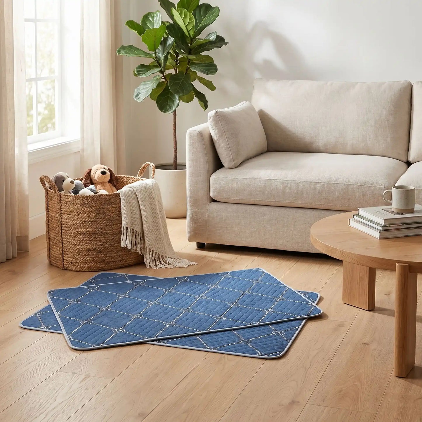 Tapis-absorbant-pour-chien-chiot-lot-de-2- surface douce er résistante au griffes , coton haute densité, 100% imperméable, antidérapant, ne retient pas les poils, design chic bleu roi avec géométrie fine, lavable en machine, réutilisable, économique, vendu par lot de 2, en 4 tailles : M, L, XL et XXL pour chiot et chien de petite à très grande race,protection canapé, voiture, caisse de transport, literie, sol, etc- Gros plan sur le lot de 2 tapis absorbants xxl de 150 cm sur le sol du salon de l'appartement