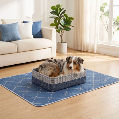 Tapis-absorbant-pour-chien-chiot-lot-de-2- surface douce er résistante au griffes , coton haute densité, 100% imperméable, antidérapant, ne retient pas les poils, design chic bleu roi avec géométrie fine, lavable en machine, réutilisable, économique, vendu par lot de 2, en 4 tailles : M, L, XL et XXL pour chiot et chien de petite à très grande race,protection canapé, voiture, caisse de transport, literie, sol, etc- un Berger australien couché dans son panier sur son grand tapis absorbant xxl dans le salon 