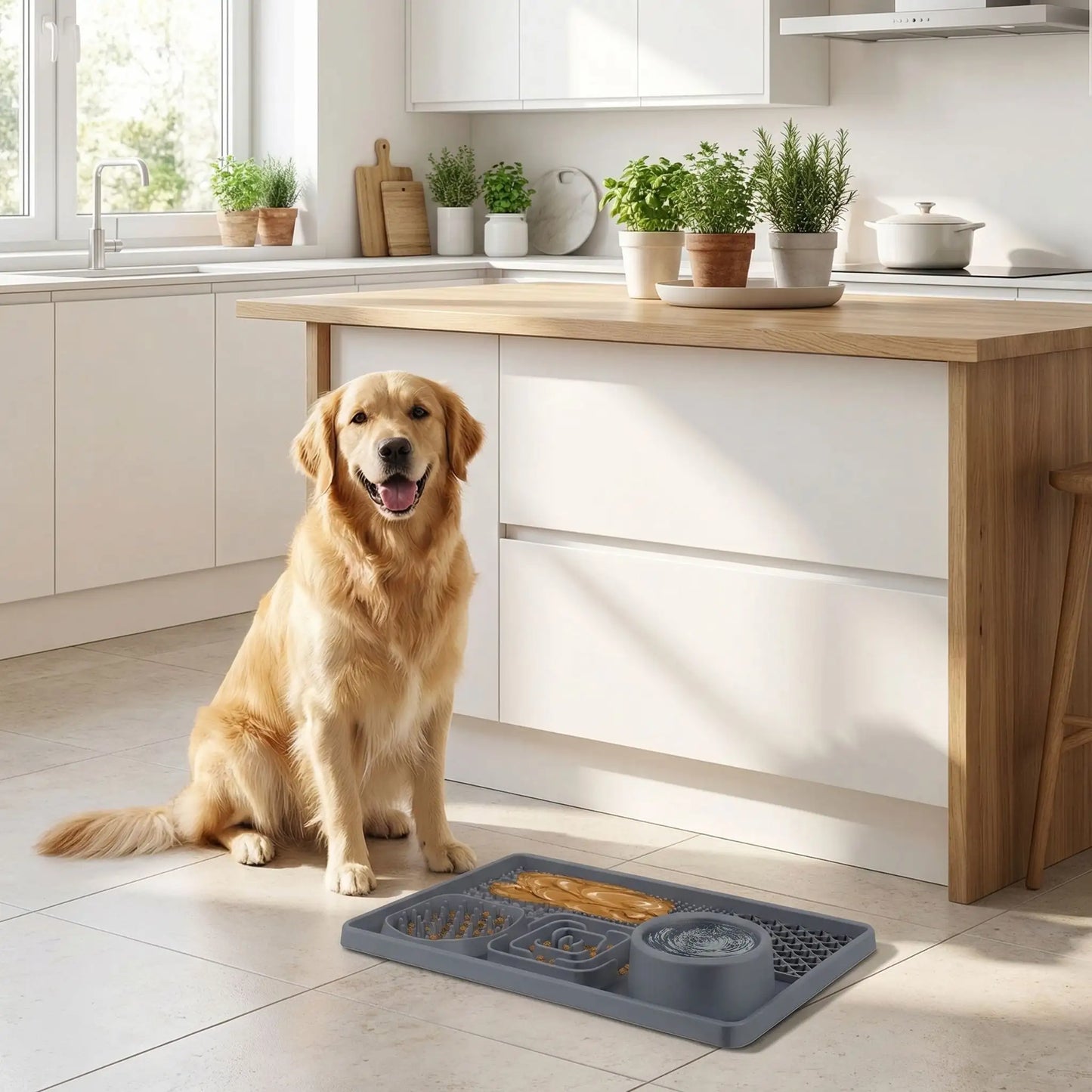 Tapis-anti-glouton-chien-chiot et apis de léchage avec plusieurs compartements différents pour aliments liquides, solide ou frais avec gamelle d'eau- avec multiples ventouse pour une utilisation partout sur le mur, le sol, solide, idéal pour occuper ralentir l'alimentation, pour l'occuper pendant les soins ou toilettage-un golden retriever assis devant son tapis anti glouton posé sur le sol avec un aliment tartiné dans l'un des compartiment et rempli d'eau dans le compatiment prévu dans la cuisine 