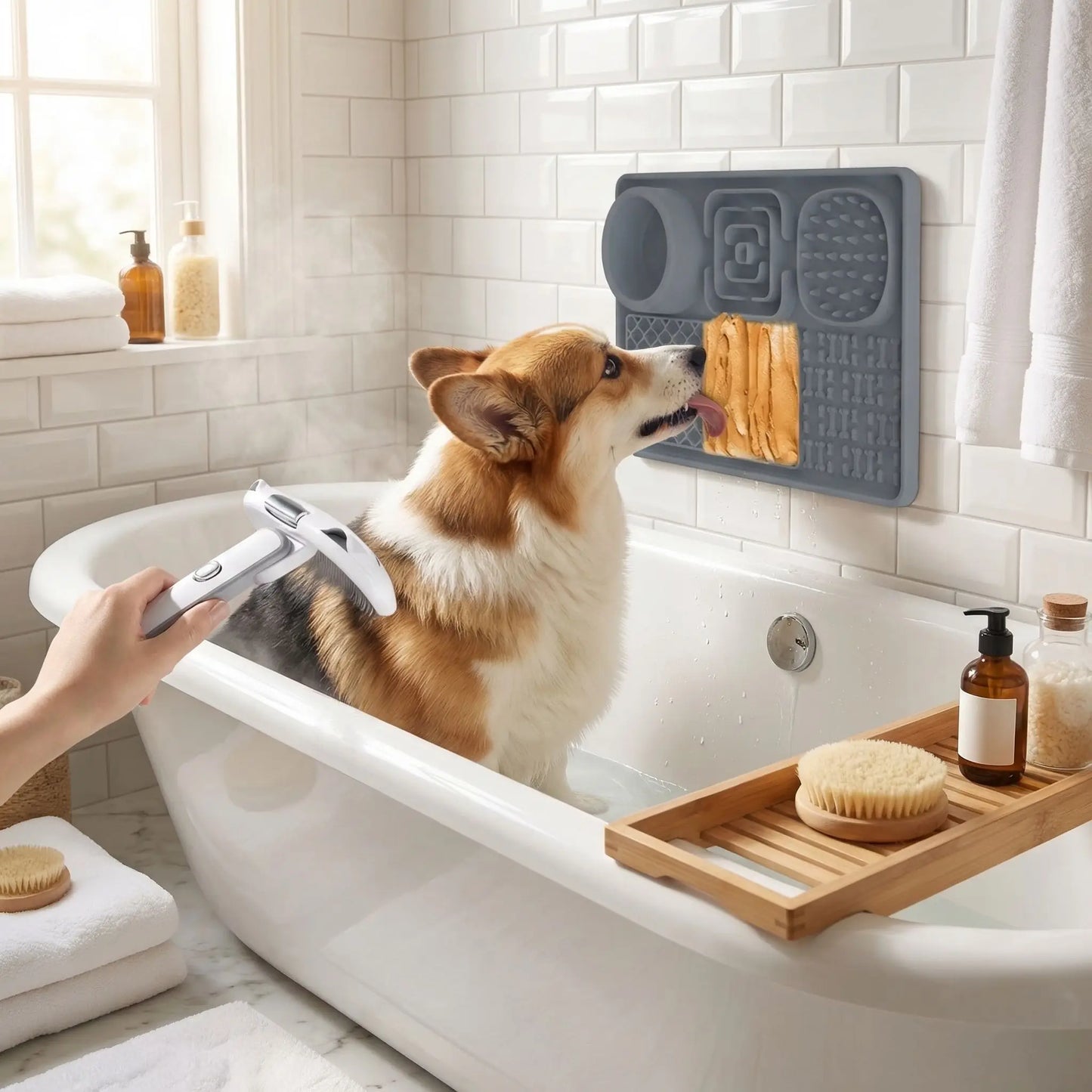 Tapis-anti-glouton-chien-chiot et apis de léchage avec plusieurs compartements différents pour aliments liquides, solide ou frais avec gamelle d'eau- avec multiples ventouse pour une utilisation partout sur le mur, le sol, solide, idéal pour occuper ralentir l'alimentation, pour l'occuper pendant les soins ou toilettage-un chien qui lèche le tapis anti-glouton isntallé sur le mur en carrelage de la salle de bain qui se fait toiletter en même temps par sa maitresse dans la baignoire