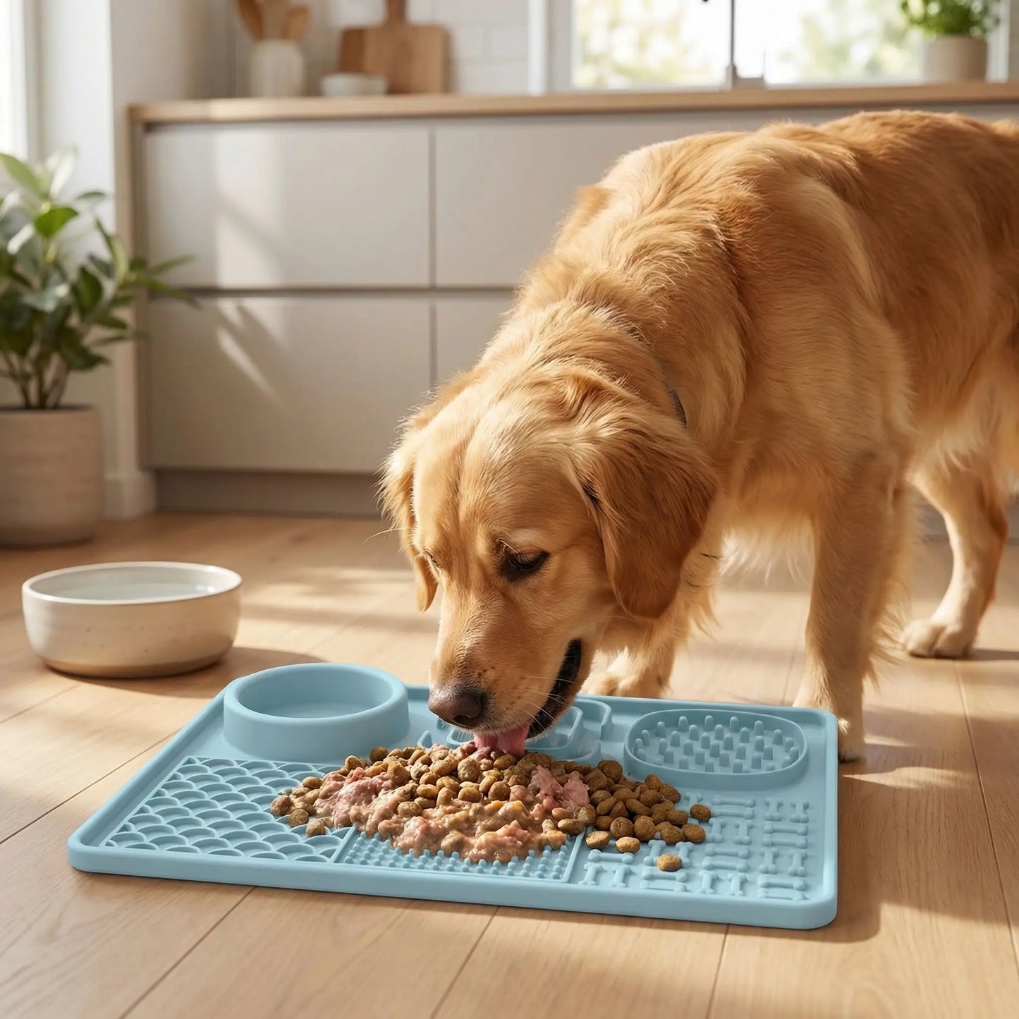 Tapis-anti-glouton-chien-chiot et apis de léchage avec plusieurs compartements différents pour aliments liquides, solide ou frais avec gamelle d'eau- avec multiples ventouse pour une utilisation partout sur le mur, le sol, solide, idéal pour occuper ralentir l'alimentation, pour l'occuper pendant les soins ou toilettage-un golden retriever qui mange des croquettes   et pâté fraiche sur tapis anti glouton posé sur le sol de la cuisine
